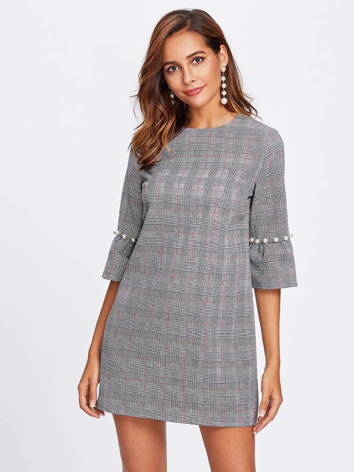 Shein Pearl Beading Trumpet Sleeve Plaid Dress