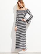 Shein Black And White Striped Off The Shoulder Bell Sleeve Dress