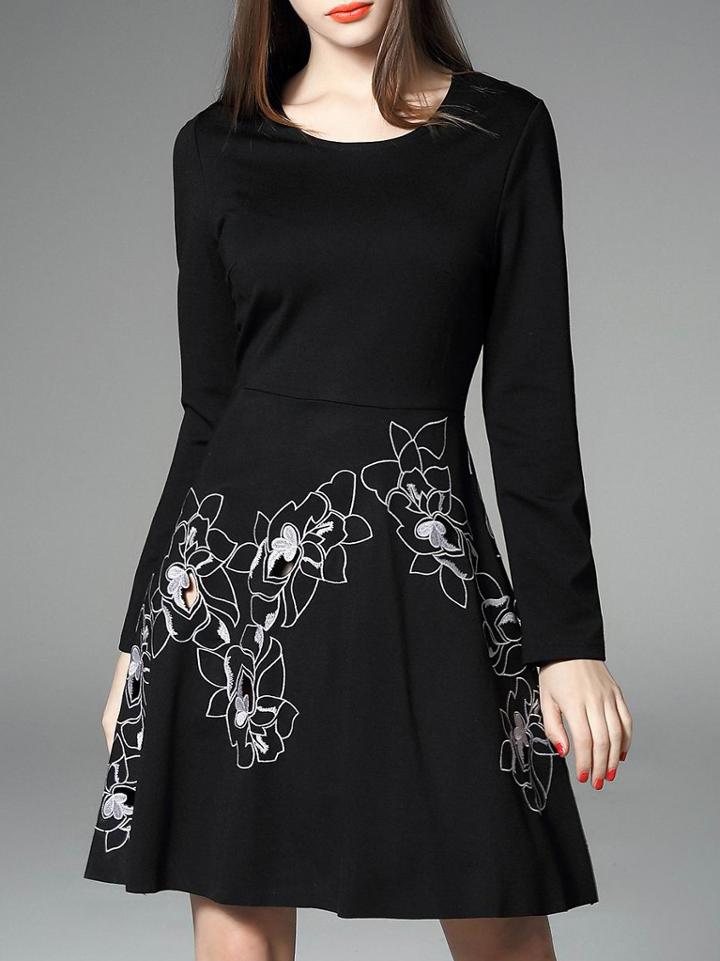 Shein Black Crew Neck Embroidered Dress