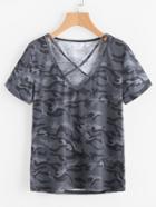 Shein Crisscross V-neckline Camo Print Tee