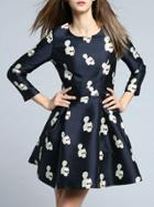 Shein Navy Crew Neck Animals Print A-line Dress