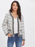 Shein Pearl Embellished Raw Cut Trim Tweed Blazer