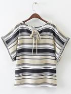 Shein Multicolor Batwing Sleeve Stripe Bow Tie Blouse