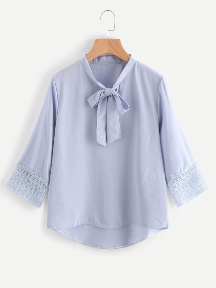 Shein Self Tie Neck Lace Cuff Dip Hem Blouse