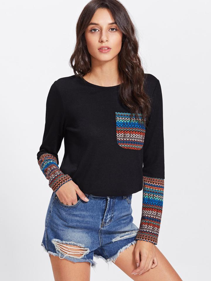 Shein Tribal Print Pocket And Cuff Top