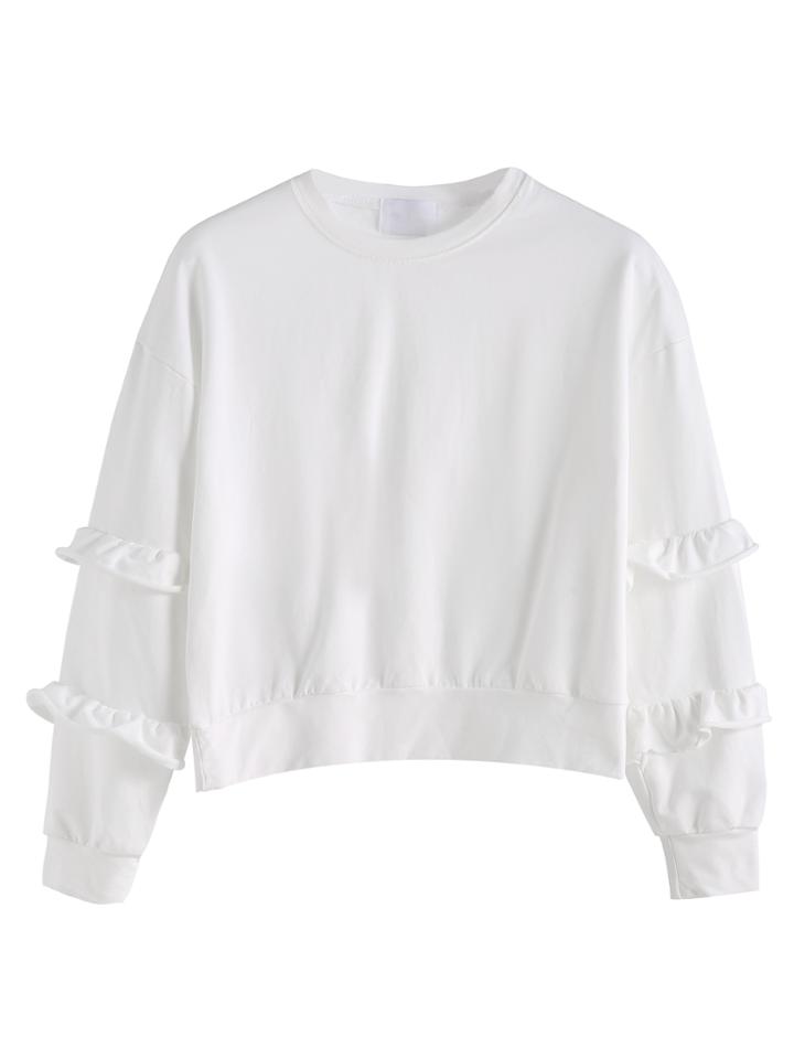 Shein White Drop Shoulder Ruffle Trim Sweatshirt
