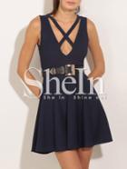 Shein Royal Blue Criss Cross Rib Skater Dress