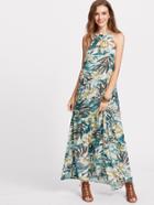 Shein Tropical Print Tiered Halter Maxi Dress