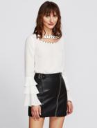 Shein Tiered Bell Sleeve Beading Cutout Neck Top