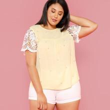 Shein Plus Contrast Floral Lace Sleeve Pearl Detail Smock Top