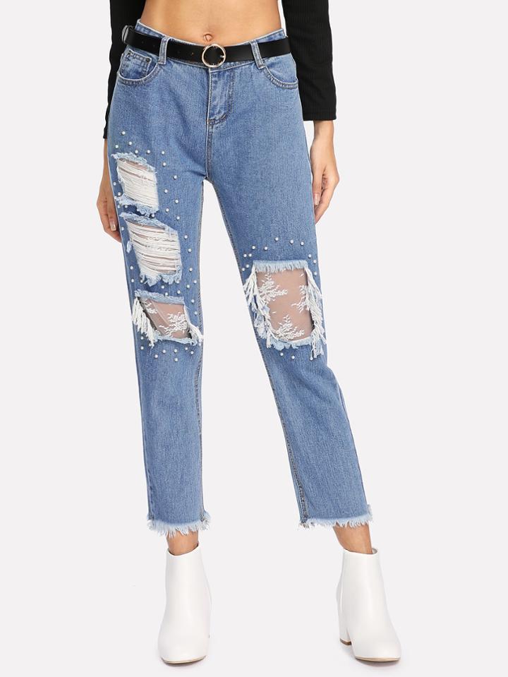 Shein Lace Insert Extreme Distressing Faux Pearl Decoration Jeans