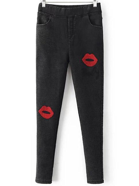 Shein Black Lip Patch Skinny Pants
