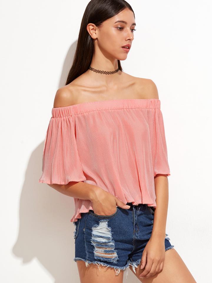 Shein Pink Off The Shoulder Ribbed Top