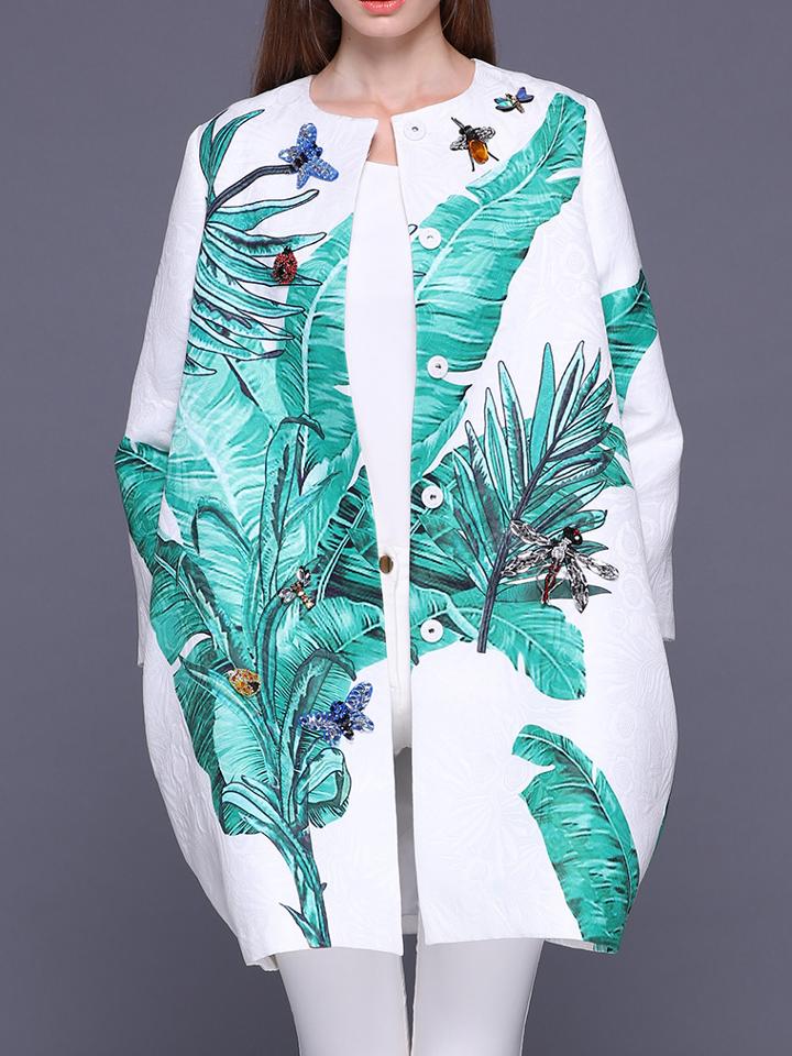Shein White Animals Beading Leaves Jacquard Coat