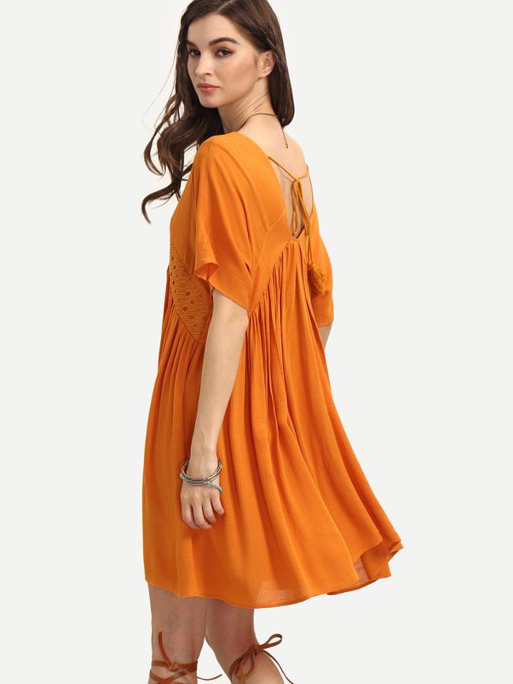 Shein Orange Short Sleeve V Neck Tie Back Dress