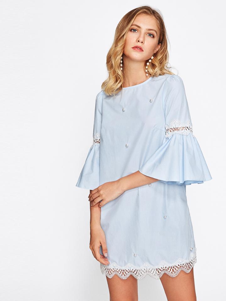 Shein Lace Applique Pearl Beading Bell Sleeve Dress