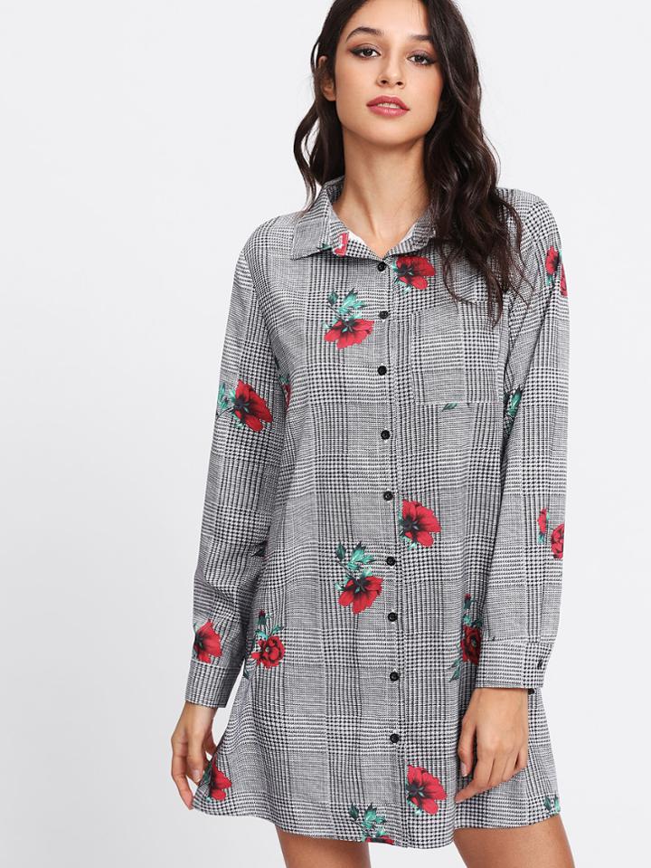 Shein Plaid And Flower Print Shirt Dress