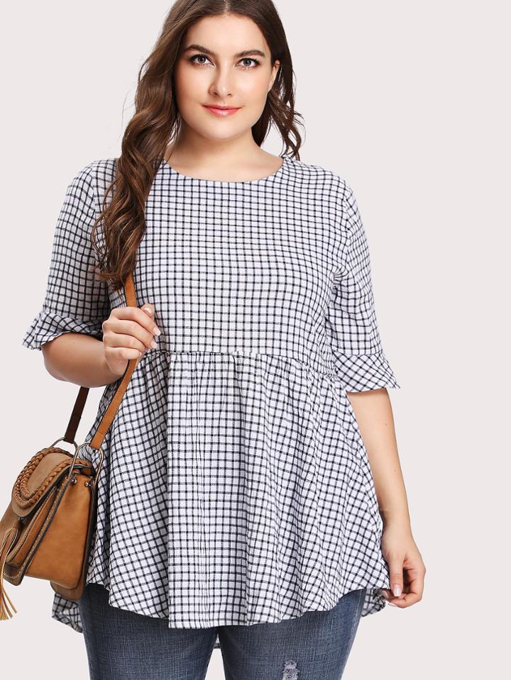 Shein Tie Back Grid Print Babydoll Blouse