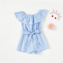 Shein Girls Flounce Off Shoulder Belted Pinstripe Romper