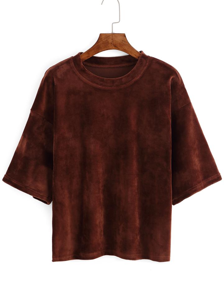 Shein Khaki Dropped Shoulder Seam Velvet T-shirt