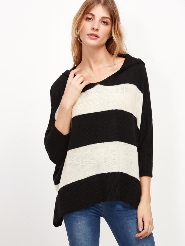 Shein Black And White Wide Striped Oversized Hooded Sweater