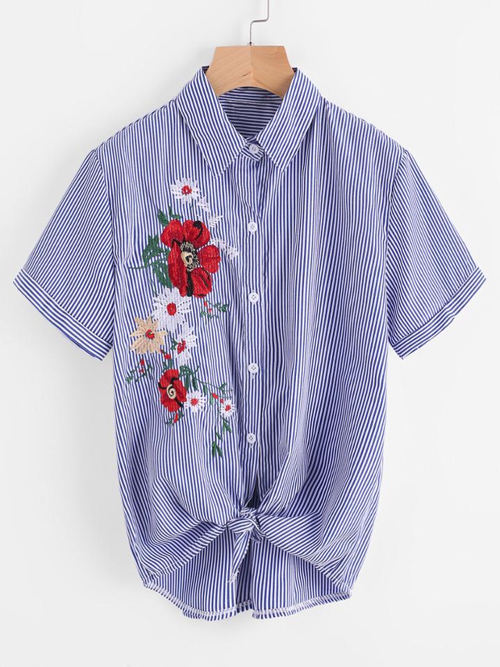 Shein Embroidery Tie Hem Striped Shirt