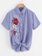 Shein Embroidery Tie Hem Striped Shirt
