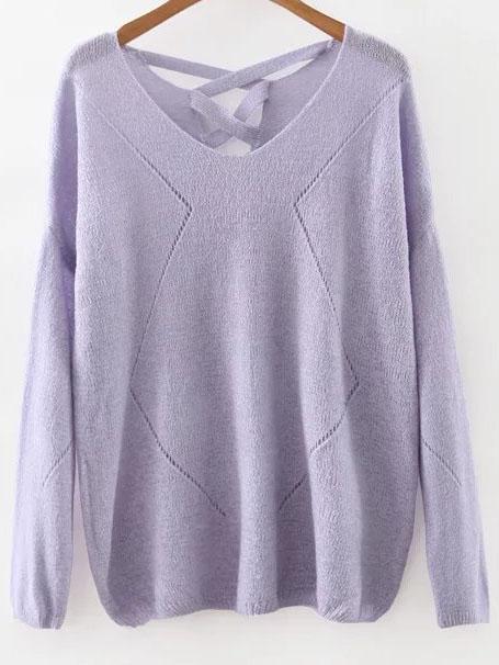 Shein Purple V Neck Criss Cross Back Knitwear