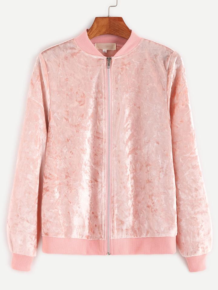 Shein Pink Ribbed Trim Zipper Up Velvet Jacket