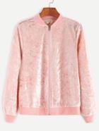 Shein Pink Ribbed Trim Zipper Up Velvet Jacket