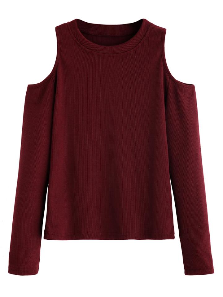 Shein Burgundy Open Shoulder Knitted T-shirt