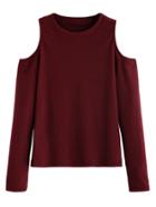 Shein Burgundy Open Shoulder Knitted T-shirt