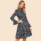 Shein Equestrian Print Bell Cuff Fit & Flare Dress