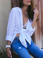 Shein White Long Sleeve Knotted Blouse