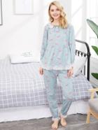 Shein Flamingo Print Lace Trim Babydoll Top & Pants