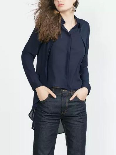 Shein Navy Long Sleeve Dip Hem Chiffon Blouse