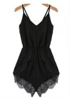 Rosewe Black Strap Design V Neck Asymmetric Chiffon Romper