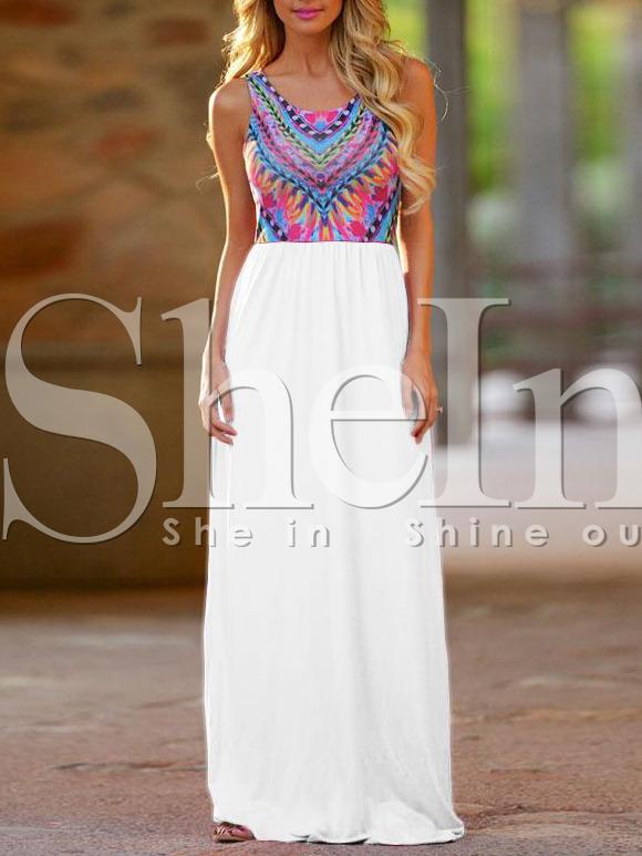 Shein White Sleeveless Vintage Print Maxi Dress