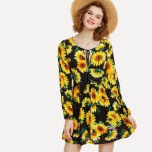 Shein Sunflower Print Tassel Tie Neck Dress