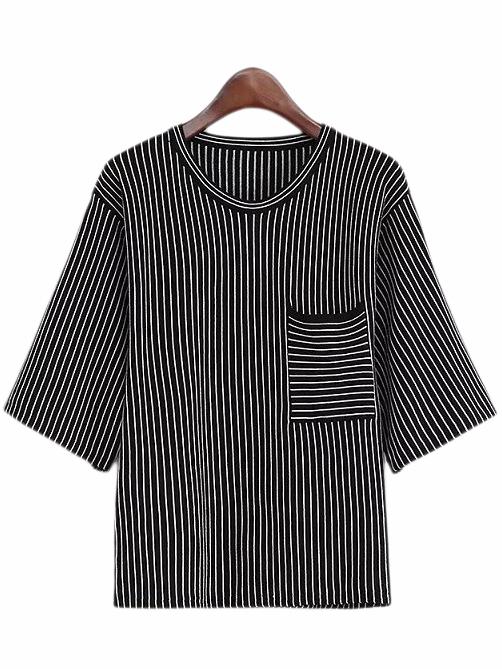 Shein Black Half Sleeve Pocket Stripe Blouse