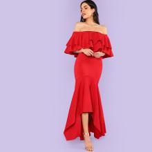 Shein Layered Flounce Trim Asymmetrical Hem Bardot Dress