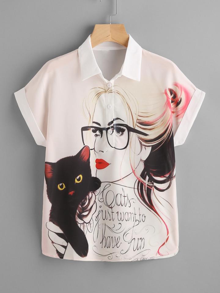 Shein Girl Print Cuffed Chiffon Blouse