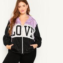 Shein Plus Letter Print Color Block Hooded Windbreaker Jacket
