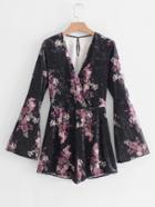 Shein Bell Sleeve Velvet Floral Romper
