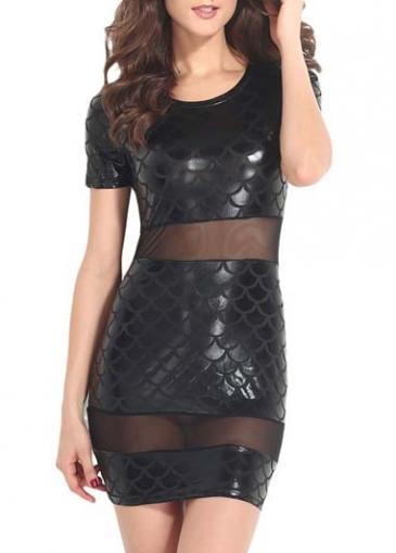 Rosewe Trendy Short Sleeve Mesh Splicing Black Mini Dress