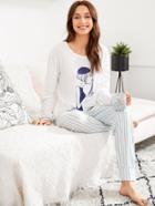 Shein Girl Print Tee & Striped Pants Pj Set
