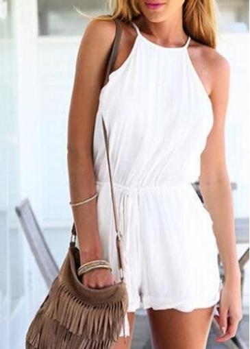 Rosewe White Sleeveless Cutout Back Drawstring Waist Romper