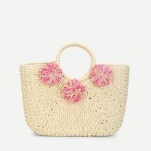 Shein Pom Pom Design Straw Tote Bag