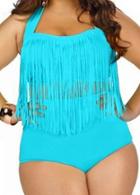 Shein Blue Halter High Waist Fringe Plus Swimwear