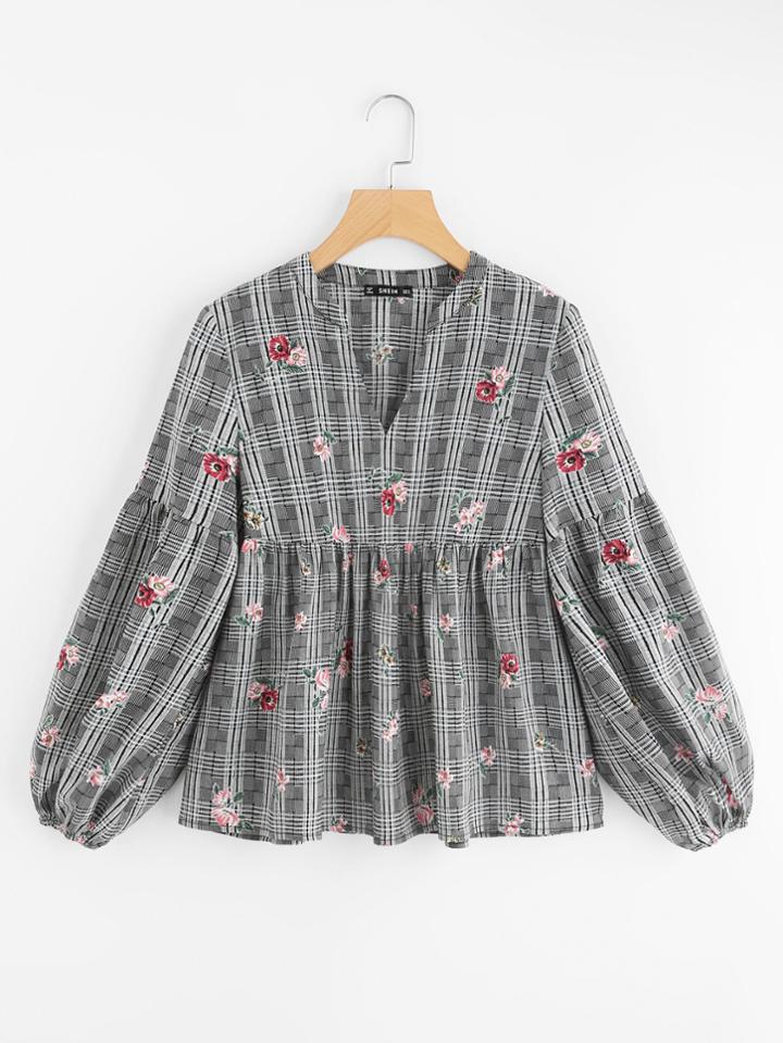 Shein Bishop Sleeve Mixed Print Smock Top